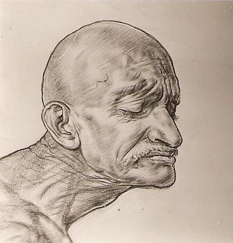 A detail from 1931 portrait of Mahatma Gandhi by Kristian Krekovi made in 